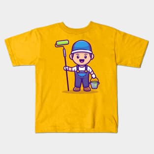 Painter With Roll Brush And Bucket Paint Cartoon Kids T-Shirt